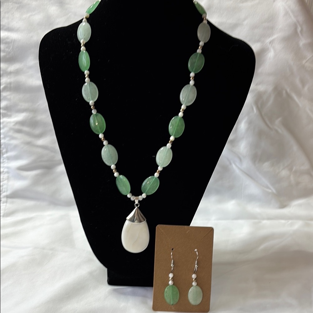 Hand Crafted Green and White Necklace with Pendant